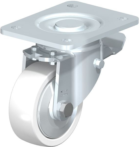 Blickle LH-SPO 100K-3-ST-FA Stahlblech-Lenkrolle, Schwerlast-Ausführung, mit Anschraubplatte & Feststeller, Polyamid, Weiß, 750154