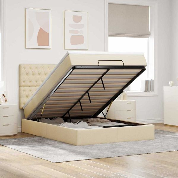 vidaXL Ottoman-Bett mit Matratze & LEDs Creme 140x190 cm Stoff, 3314091