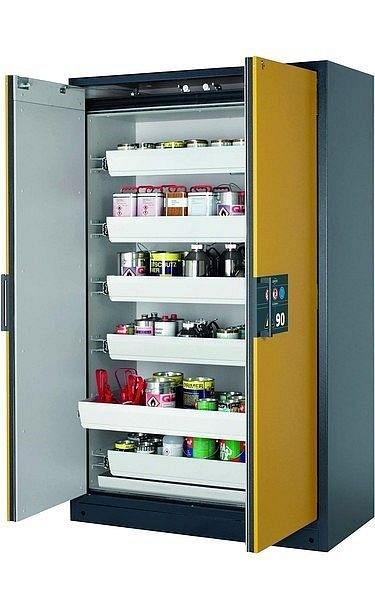 asecos Sicherheitsschrank Q-CLASSIC-90, Q90.195.120 in sicherheitsgelb RAL 1004 mit 6x Auszugswanne Standard (Stahlblech), 30001-040-30017