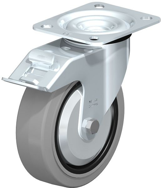 Blickle LE-POEV 125XR-FI-SG-FA Stahlblech-Lenkrolle mit Anschraubplatte & Feststeller, Elastik-Vollgummi, Grau, 850121