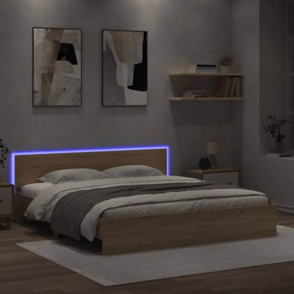 vidaXL Bettgestell mit Kopfteil und LED-Beleuchtung Sonoma-Eiche, 3207590