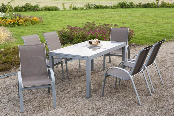 Merxx Amalfi Set 7-teilig, 6 Amalfi Stapelsessel, 1 Ausziehtisch 160 (220) x 90 cm, graue Glasplatte, silber/taupe, 50337-325