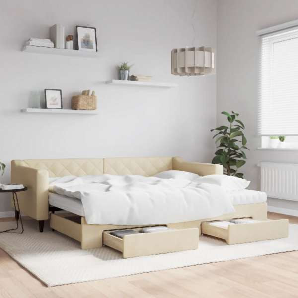 vidaXL Tagesbett Ausziehbar mit Schubladen Creme 90x200 cm Stoff, 3197484