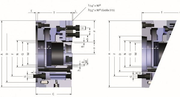 Röhm Kraftspannfutter KFD-HS 250, 2-Backen, Spitzverzahnung 90°, Zylindrische Zentrieraufnahme, 148036