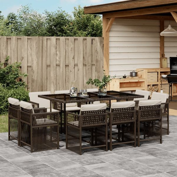 vidaXL 11-teilig Garten-Essgruppe mit Kissen Braun Poly Rattan, 3211749