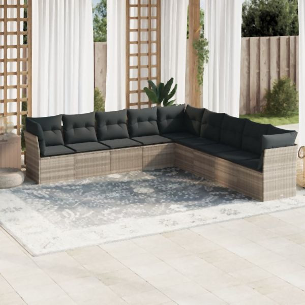 vidaXL 9-tlg. Garten-Sofagarnitur mit Kissen Hellgrau Poly Rattan, 3217782