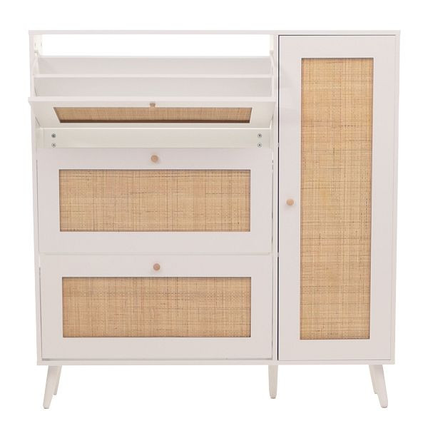 Mendler Rattan-Schuhkipper HWC-M37, Schuhregal Schuhschrank, 3 Kippfächer 2 Regalböden 127x120x24cm Holz Melamin, weiß, 112880+112881