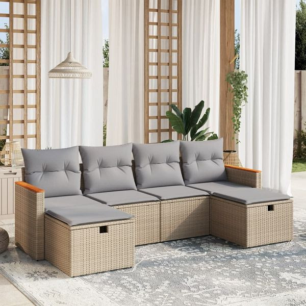 vidaXL 6-teilig Garten-Sofagarnitur mit Kissen Beige Poly Rattan, 3265343