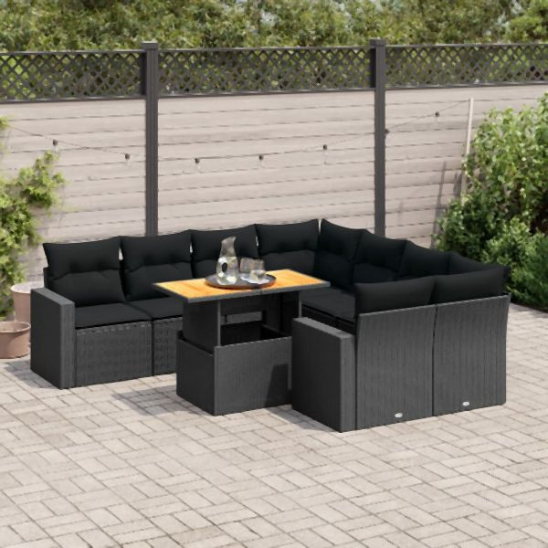 vidaXL 9-tlg. Garten-Sofagarnitur mit Kissen Schwarz Poly Rattan, 3327016