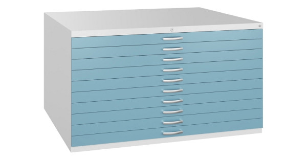 C+P Flachablageschrank Serie 7100_7200, H760xB1350xT960mm, 9016/0010, 10 Schubladenblenden doppelwandig, 7201-000 S10558