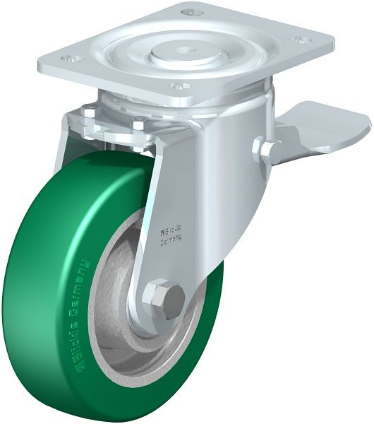 Blickle LH-GST 150K-ST Stahlblech-Lenkrolle, Schwerlast-Ausführung, mit Anschraubplatte & Feststeller, Blickle Softhane®, Grün, 852387