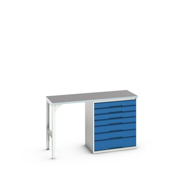 bott verso Unterbauwerkbank (Linoleum-Platte) mit 7 Schubladen (Breite: 800mm) BxTxH: 1500 x 600 x 930 mm, Lichtgrau / Enzianblau, 16921914.11