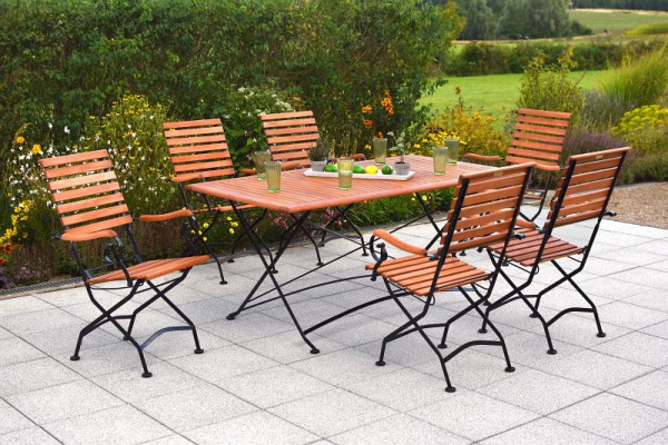 Merxx Schlossgarten Set 7-teilig, 6 Schlossgarten Klappsessel mit hoher Lehne, 1 Klapptisch, 160 x 90 cm, Flachstahl mit FSC Eukalyptus, 50168-217