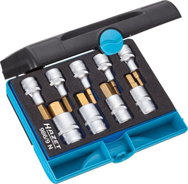Hazet Schraubendreher-Steckschlüsseleinsatz Satz, Vierkant hohl 12,5 mm (1/2 Zoll), Innen-Sechskant Profil, 5 - 17, Anzahl Werkzeuge: 9, 986/9N
