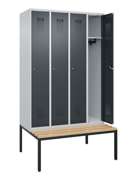 C+P Spind Evolo PLUS, 4 Abteile, 2120x1200x815mm, 7035/7016, Haken 3, Zylinderschloss, Sitzfläche Buche-Hartholz, Sitzbank, 0490507-40 S10039