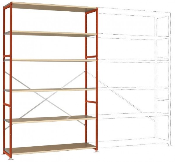 Manuflex Großfach-Steckregal Grundregal mit 6 Holzverbundböden, HxBxT = 2500 x 1530 x 600 mm, rotorange, RP1343.2001