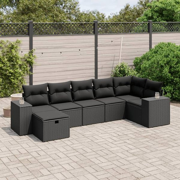 vidaXL 7-teilig Garten-Sofagarnitur mit Kissen Schwarz Poly Rattan, 3264451