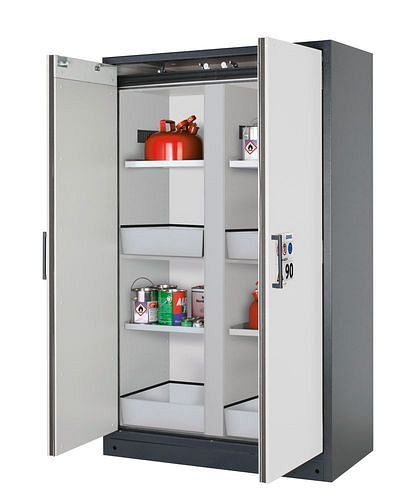 asecos Feuerbeständiger Gefahrstoffschrank Select, Mittelwand, mit Einlegeböden, Bodenwannen, weiß, 266845