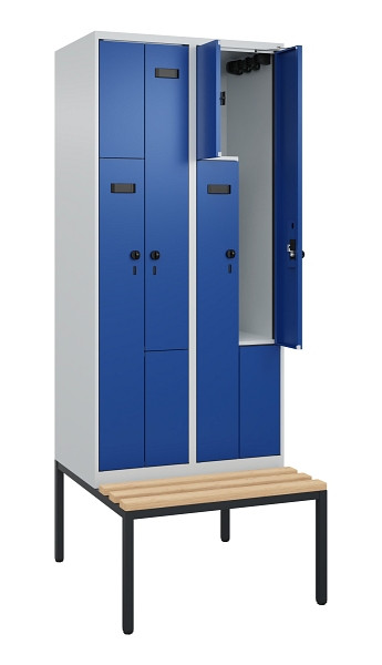 C+P Z-Spind Evolo PLUS, Bank, 4 Fächer, 2120x800x815mm, 7035/5010, Drehriegel, Sitzfläche Buche-Hartholz, Sitzbank, 0490537-224 S10015