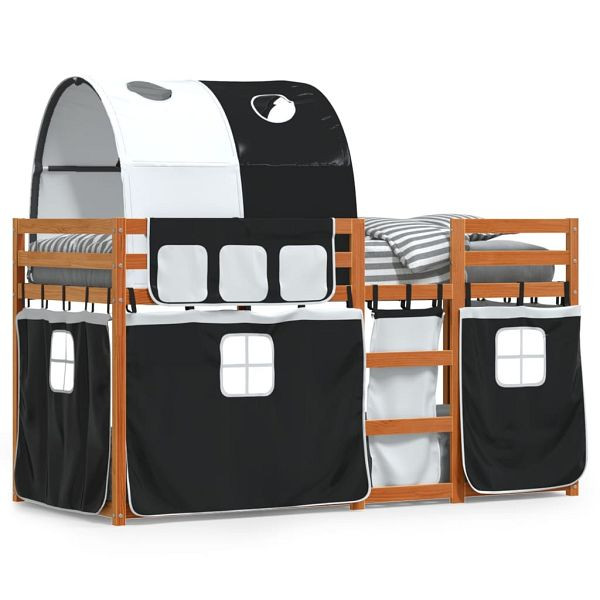 vidaXL Etagenbett mit Vorhängen Weiß & Schwarz 90x190 cm Kiefernholz, 3284039