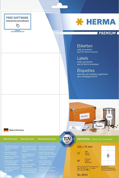 HERMA 8645 Premium Etikett, weiß, 105x74 mm, permanent, 80 Stück, 8645