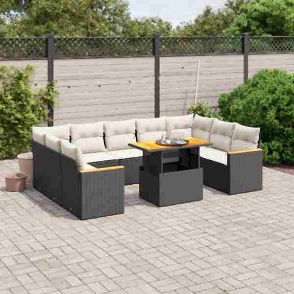 vidaXL 11-tlg. Garten-Sofagarnitur mit Kissen Schwarz Poly Rattan, UV-beständig, 3273247