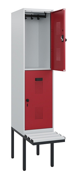 C+P Doppelstock-Spind Evolo PLUS, Bank, 2 Fächer, 1950x400x815mm, 7035/3003, Drehriegel, Sitzfläche Kunststoff, 0493405-12 S10087