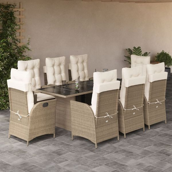 vidaXL 9-teilig Garten-Essgruppe mit Kissen Beige Poly Rattan, 3213125