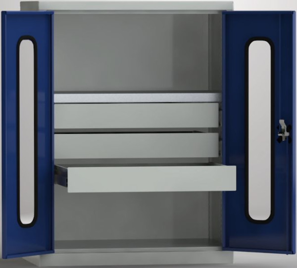 KLW Universalschrank 750mm breit, 1000x750x430mm HxBxT, abschließbare Flügeltüren mit Acrylglas, 3 Schubladen 600mm, 1 Fachboden, 7FN-CF1000FD-75S3XRB
