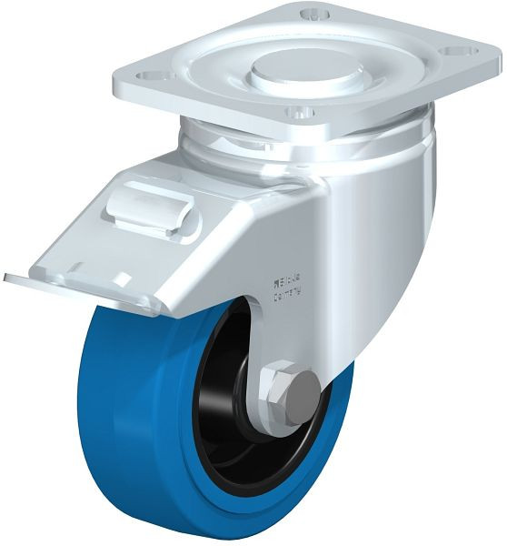 Blickle LH-POEV 100R-1-FI-SB Stahlblech-Lenkrolle, Schwerlast-Ausführung, mit Anschraubplatte & Feststeller, Elastik-Vollgummi, Blau, 623025