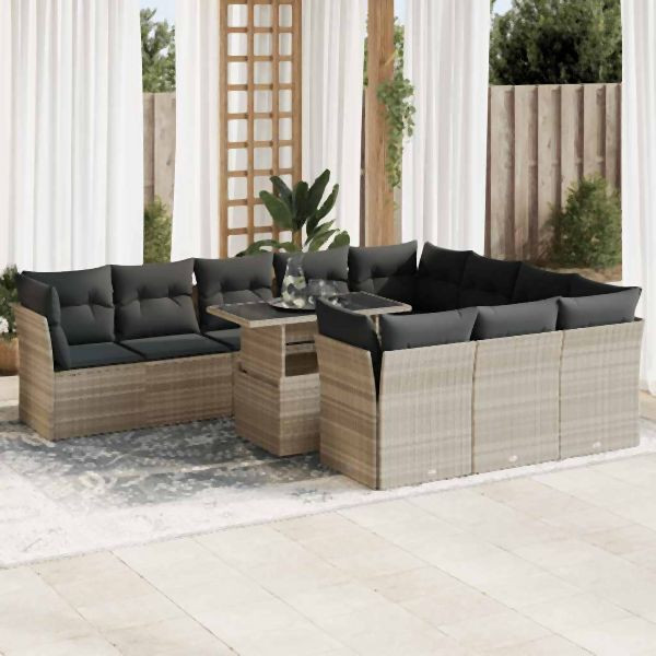vidaXL 11-tlg. Garten-Sofagarnitur mit Kissen Hellgrau Poly Rattan, 3326233