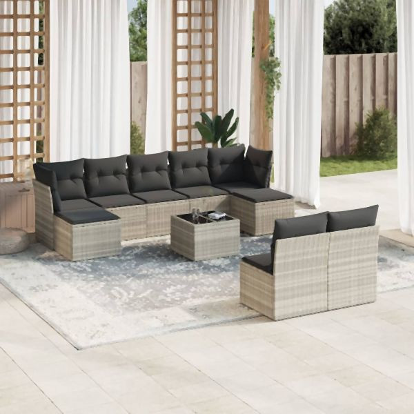 vidaXL 10-tlg. Garten-Sofagarnitur mit Kissen Hellgrau Poly Rattan, 3218282