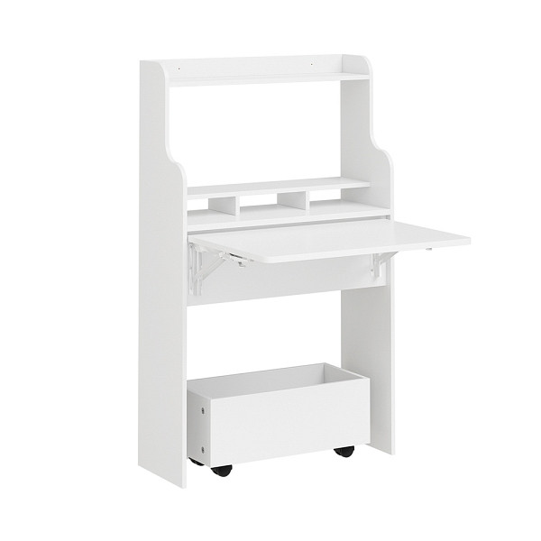 SoBuy Wandklapptisch Weiß mit Schublade, Schreibtisch mit Rollen klappbar, Klappregal aus Melamin für kleine Räume, 61×25×100 cm, FWT105-II-W