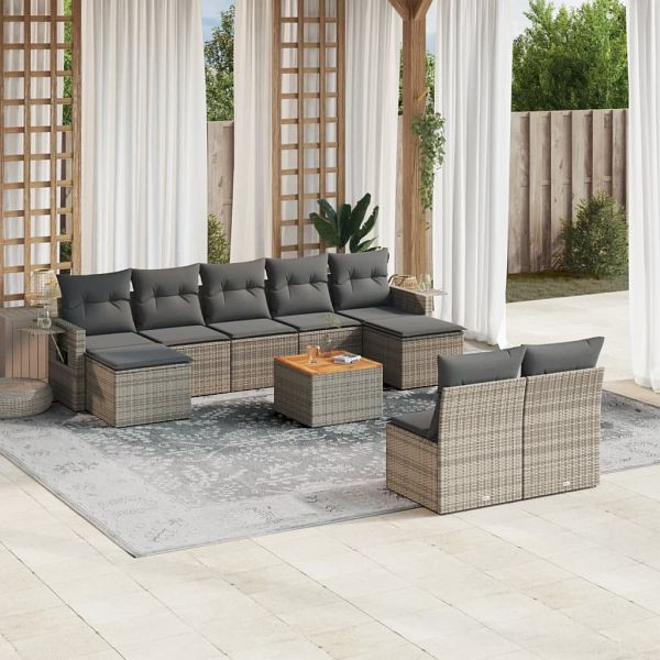 vidaXL 10-teilig Garten-Sofagarnitur mit Kissen Grau Poly Rattan, 3257096