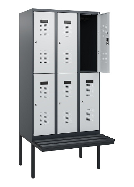 C+P Doppelstock-Spind Evolo PLUS, Bank, 6 Fächer, 1950x900x815mm, 7016/7035, Zylinderschloss, Sitzfläche Kunststoff, 0493405-30 S10152