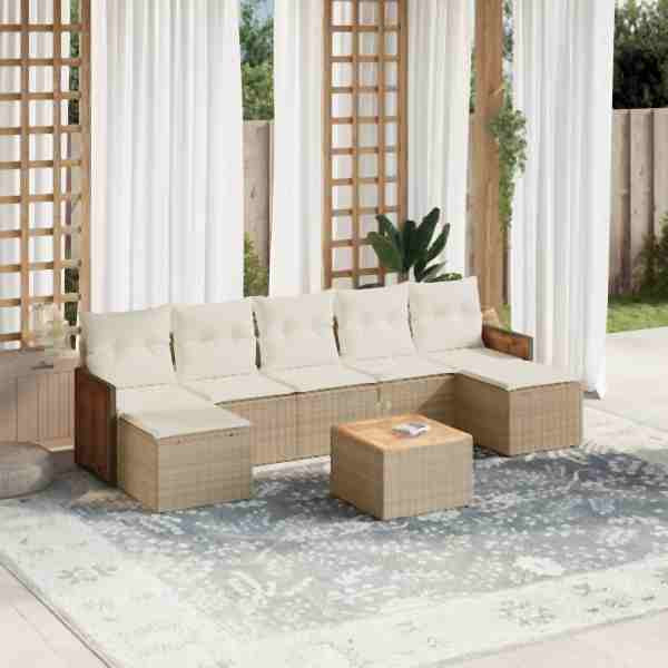vidaXL 8-tlg. Garten-Sofagarnitur mit Kissen Beige Poly Rattan, UV-beständig, 3260322