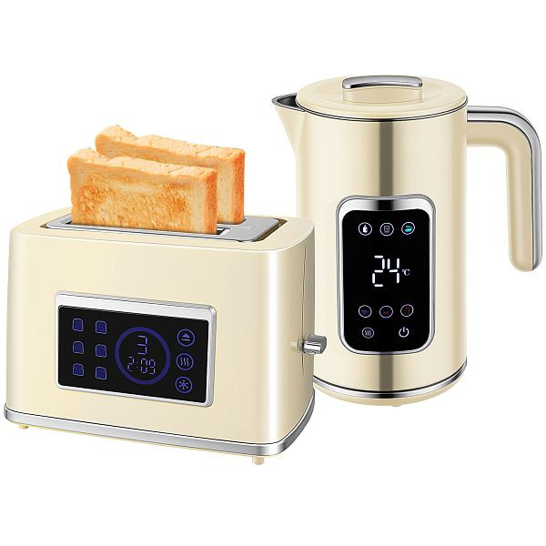 HOMCOM Wasserkocher und Toaster-Set mit LED-Touchscreen, 1,7 L, 2 Toasterschlitze, verschiedene Modi und Funktionen, Cremeweiß, 800-282V90CW