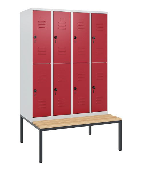 C+P Doppelstöckiger Spind Classic PLUS, 4 Abteile, 1950x1200x815mm, 7035/3003, Drehriegel, Buche-Sitzleisten, mit untergebauter Sitzbank, 0803505-40 S10001