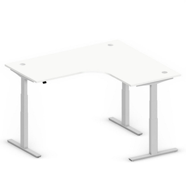 Deskin XXL Sitz-/ Stehschreibtisch Jumbo MULTI M, Dekor weiß, T-Fuß-Stahlgestell in Alusilber RAL 9006, rechtsseitig geformt, 295107