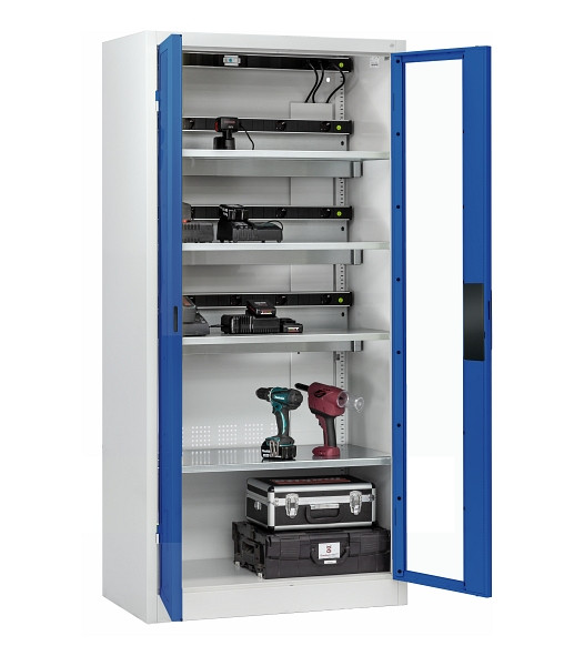 C+P Akkuladeschrank Serie 89, H1950xB930xT500mm, 7035/5010,1 Elektroboden, 3 Einlegeböden, Masterleiste, 8921-055E3 S10058