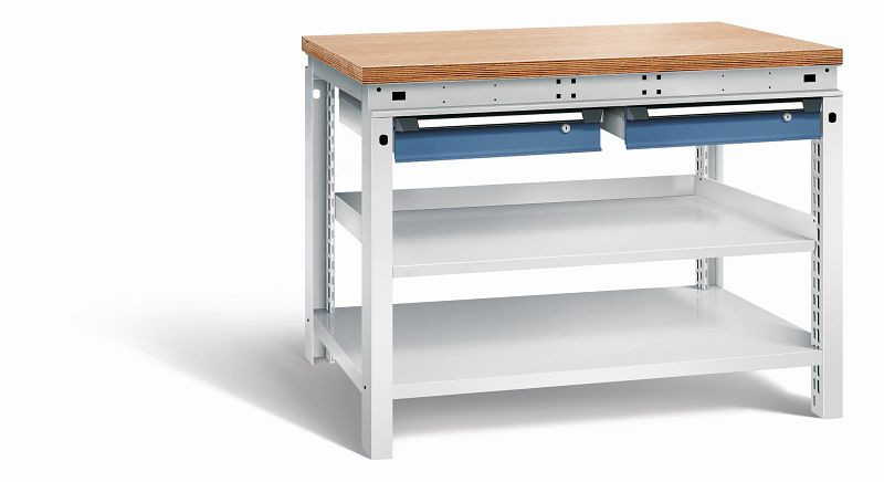 Otto Kind Werkbank Serie function Typ 209, Multiplexplatte 40 mm, bündig, 2 Schubladen 120 mm, Gehäuse RAL 7035, Front RAL 5023, 072339164