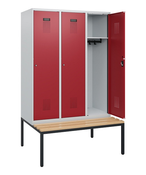 C+P Spind Evolo PLUS, 3 Abteile, 1950x1200x815mm, 7035/3003, Zylinderschloss, Sitzfläche Buche-Hartholz, Sitzbank, 0490505-32 S10026