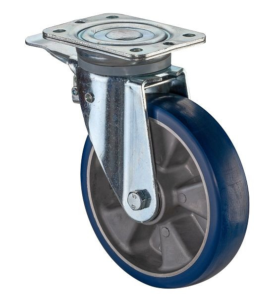 BS Rollen Schwerlastrolle Lenkrolle mit Feststeller, Polyurethanrad 83 Shore, Aluminiumfelge, Kugellager, Platte, Durchmesser: 200 mm, N120.B92.200