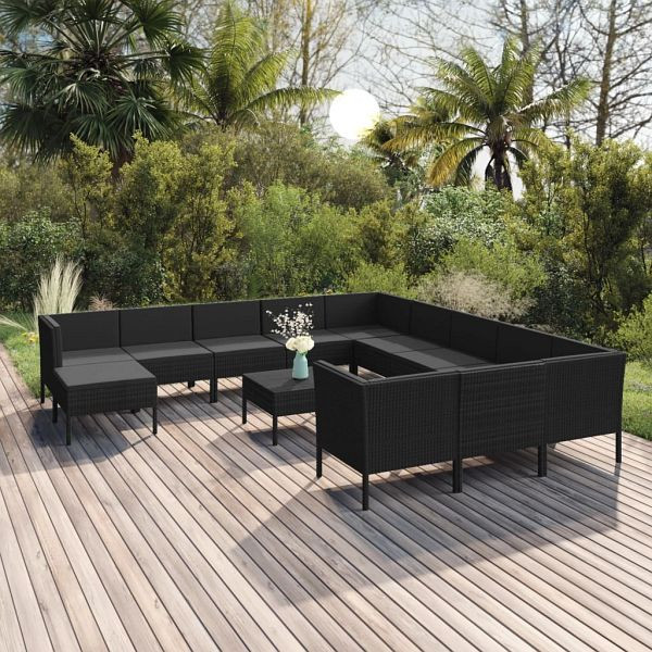 vidaXL 13-teilig Garten-Lounge-Set mit Auflagen Poly Rattan Schwarz, 3094529