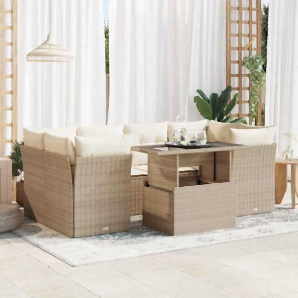 vidaXL 7-tlg. Garten-Sofagarnitur mit Kissen Beige Poly Rattan, 3326109