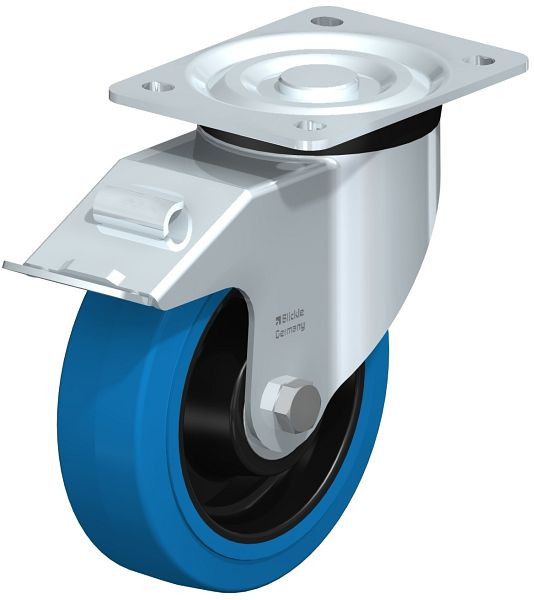 Blickle L-POEV 160K-FI-SB Stahlblech-Lenkrolle, mittelschwere Ausführung, mit Anschraubplatte & Feststeller, Elastik-Vollgummi, Blau, 655563