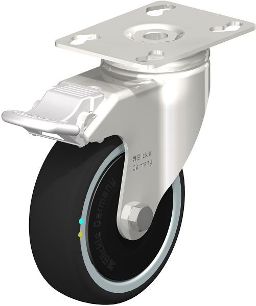 Blickle LKPXA-PATH 101KD-FI-ELS-FK Edelstahl-Apparate-Lenkrolle mit Anschraubplatte & Feststeller, Thermoplastisches Polyurethan, Grau, 853517