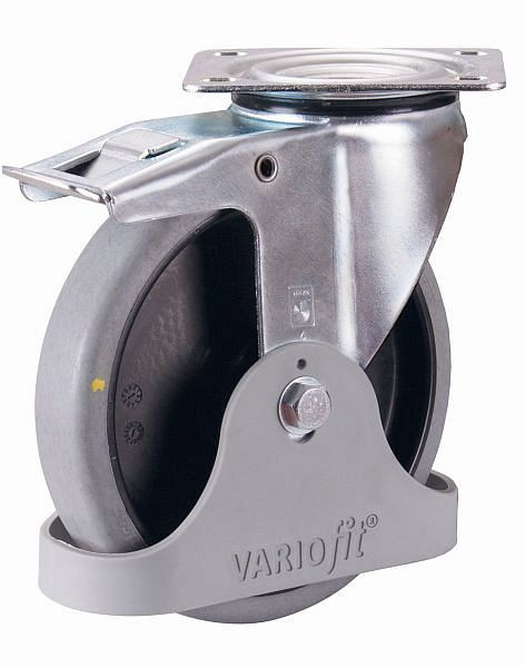 VARIOfit Bremsrolle elektrisch leitfähig,125 x 32 mm, grau, Polypropylen - Rollenkörper mit elastischem antistatischem Performa Gummireifen, dpg-125.036