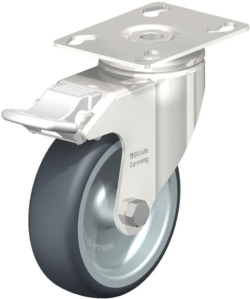 Blickle LKPXA-TPA 101G-FI Edelstahl-Apparate-Lenkrolle mit Anschraubplatte & Feststeller, Thermoplastisches Gummi-Elastomer, Grau, 574764