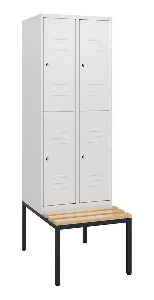 C+P Doppelstöckiger Spind Classic PLUS, 2 Abteile, 1950x600x815mm, 9016/9016, Zylinderschlösser, Buche-Sitzleisten, Sitzbank, 0803505-20 S10044